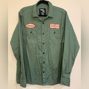 Friday the 13th Jason Voorhees Camp Crystal Lake Green Button Up Shirt Size L